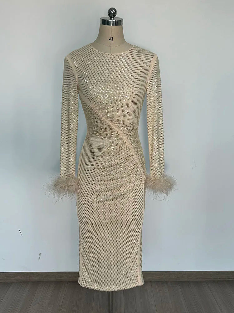 Feathers Rhinestone Folds Midi Dress - View 5