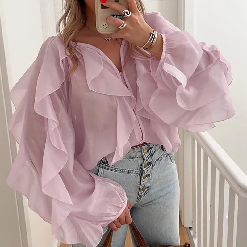 Elegant V-neck Long Sleeve Ruffle Blouse for Office Wear