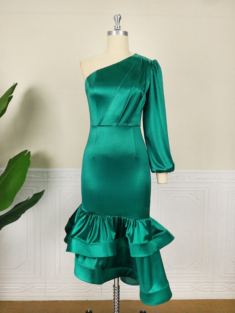 Satin One Shoulder Long Sleeve Ruched Tiered Ruffle Midi Dress - View 14