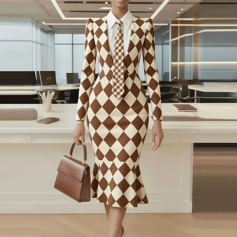 Elegant Lattice Print Fishtail Dress for Autumn Events