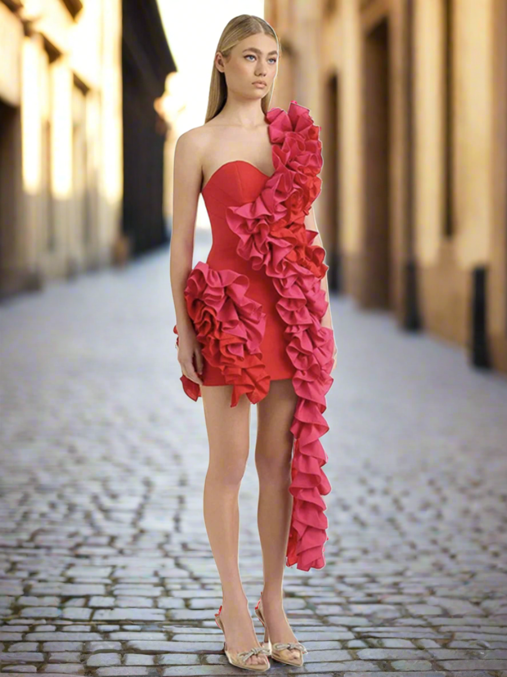 Solid Ruffles One Shoulder Strips Prom Mini Dress - View 2