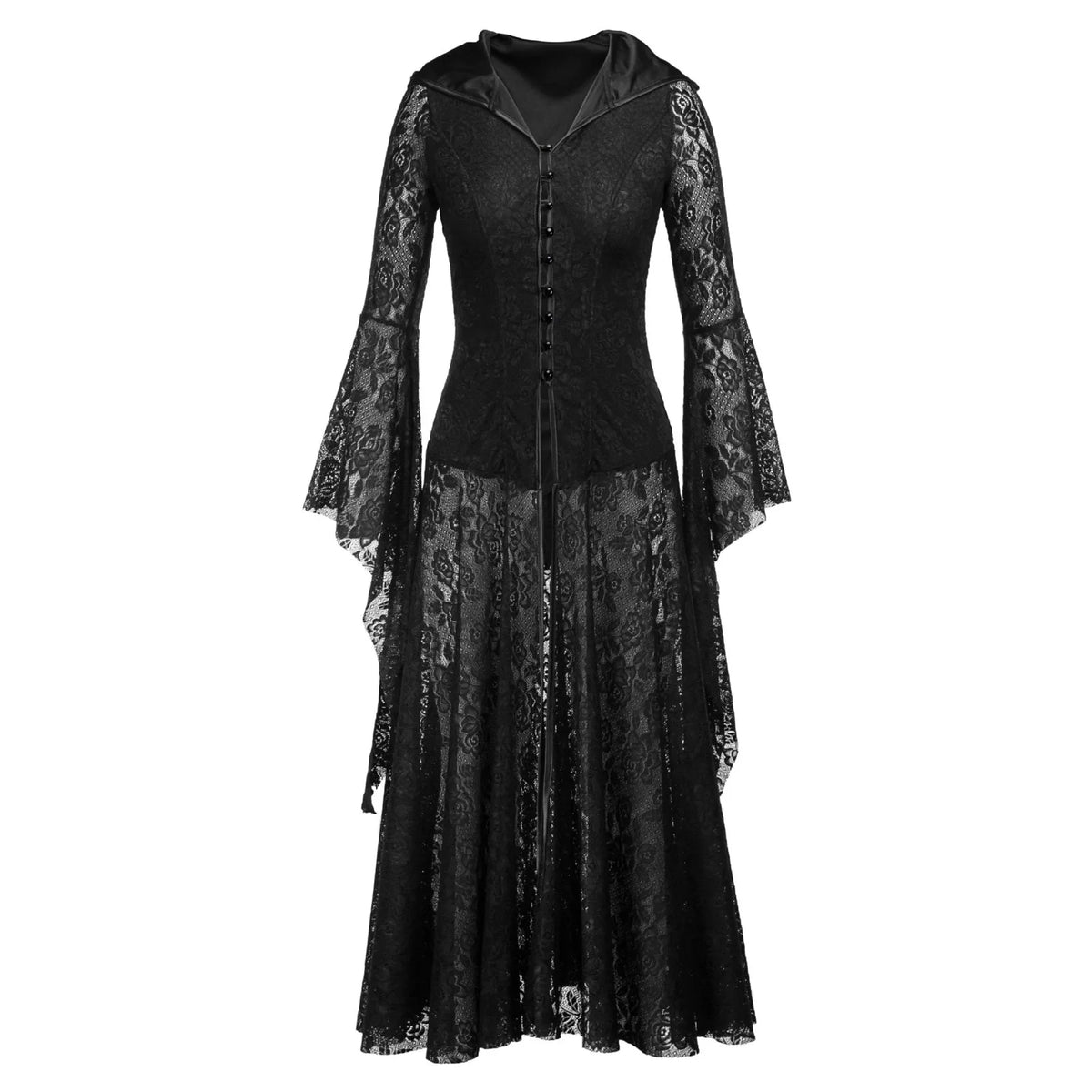 Floral Lace Hooded Bell Sleeve Button-Front Maxi Dress 6
