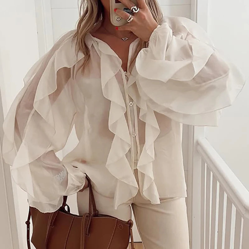 Elegant V-neck Long Sleeve Ruffle Blouse for Office Wear