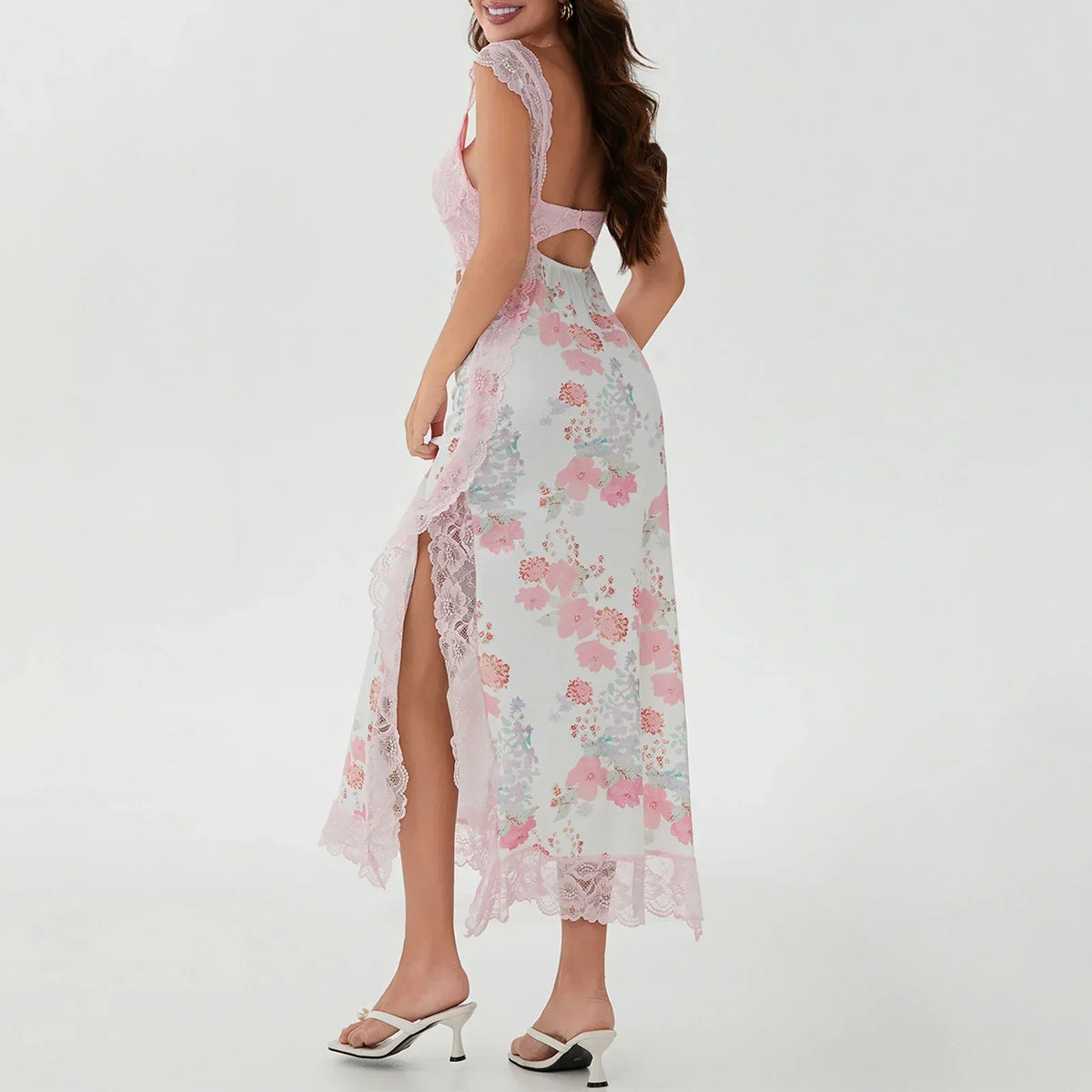 Lace Patchwork High Split Midi Dress - View 2