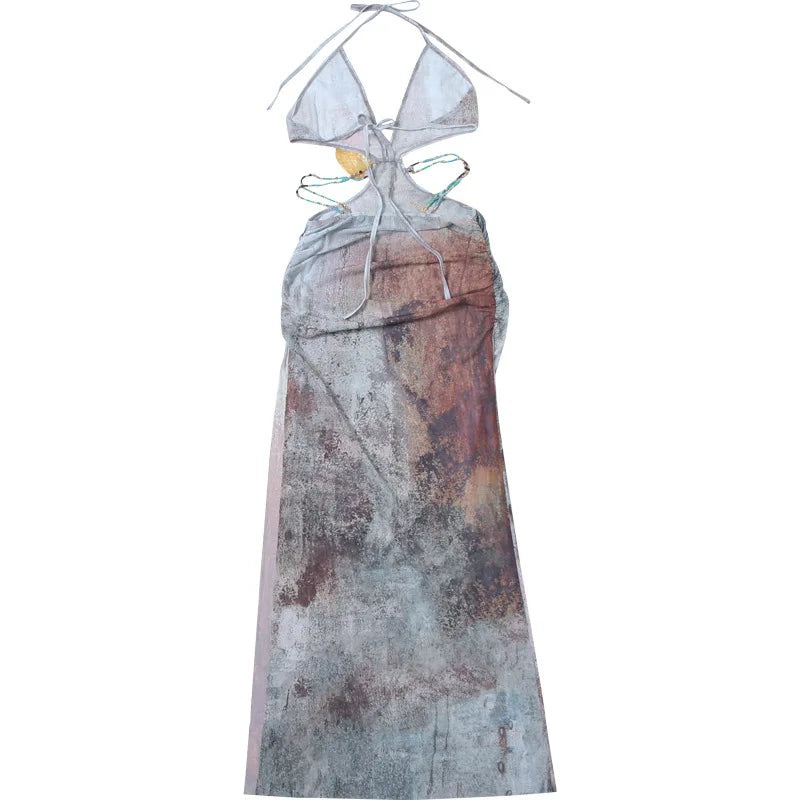 Backless Split Abstract Printed Mesh Sheer Dress - View 9