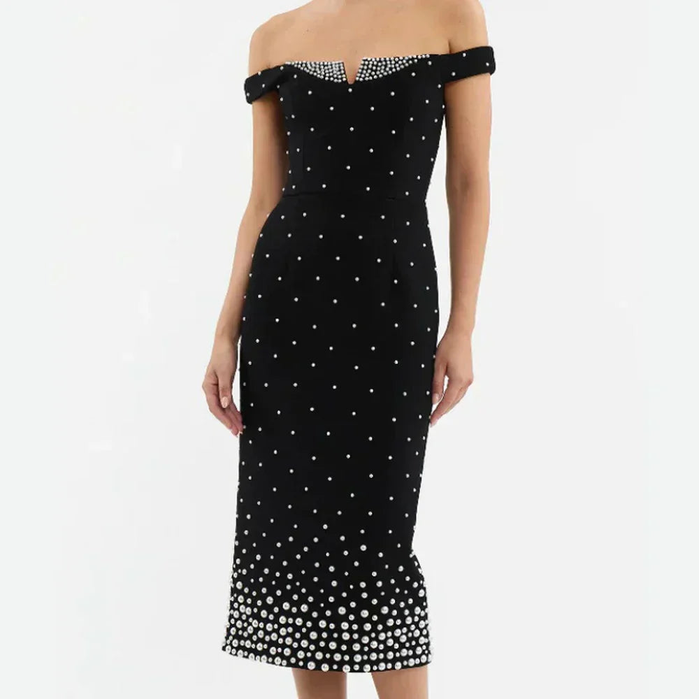 Pearl Trim Off Shoulder V Notch Beaded Gradient Hem Bodycon Midi Dress