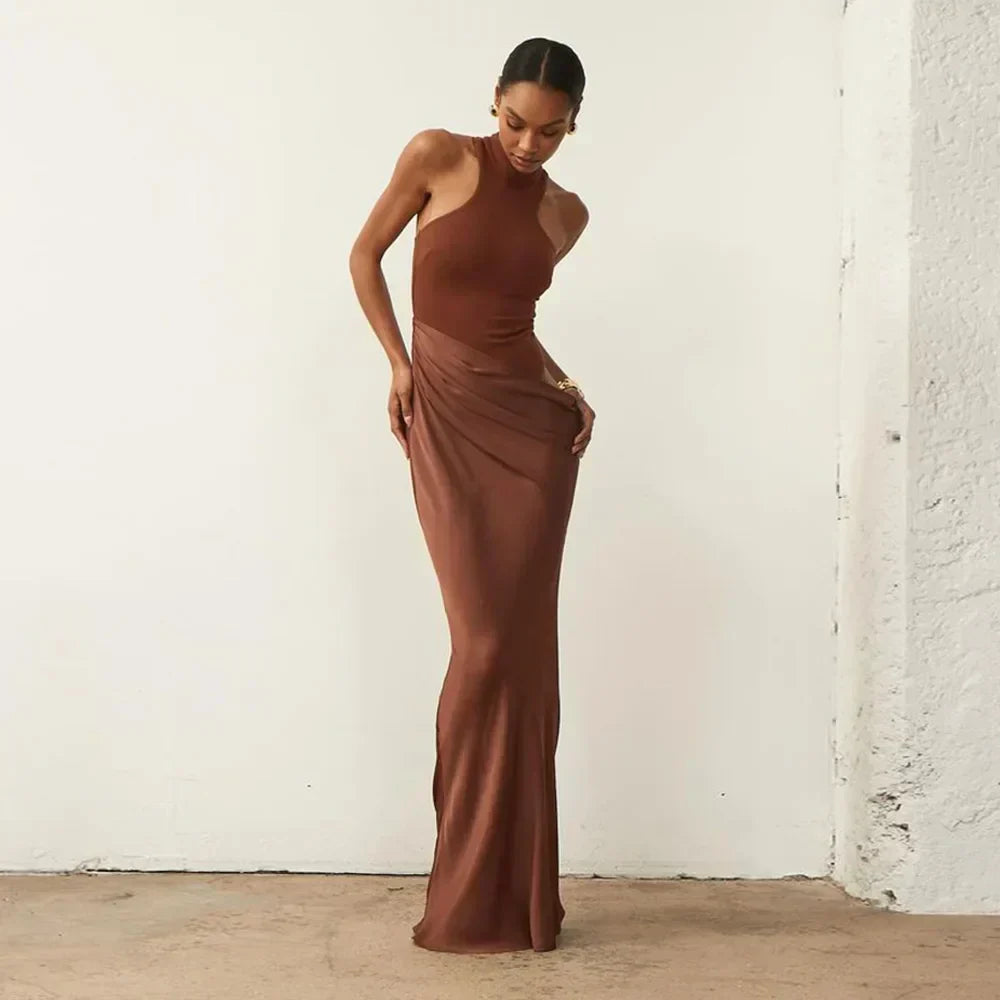 Halter Neck Sleeveless Ribbed Bodice Draped Waist Satin Maxi Gown - View 9