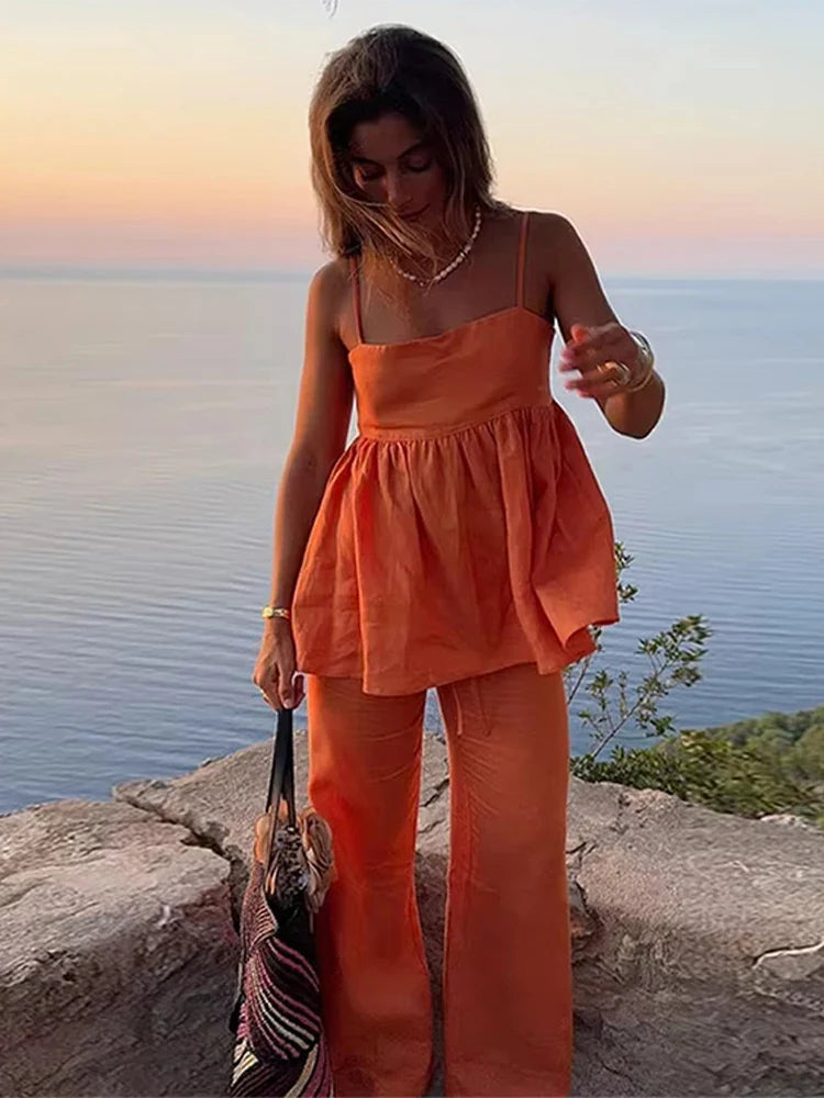 Orange Ruffles Pleated Two Piece Pants Set