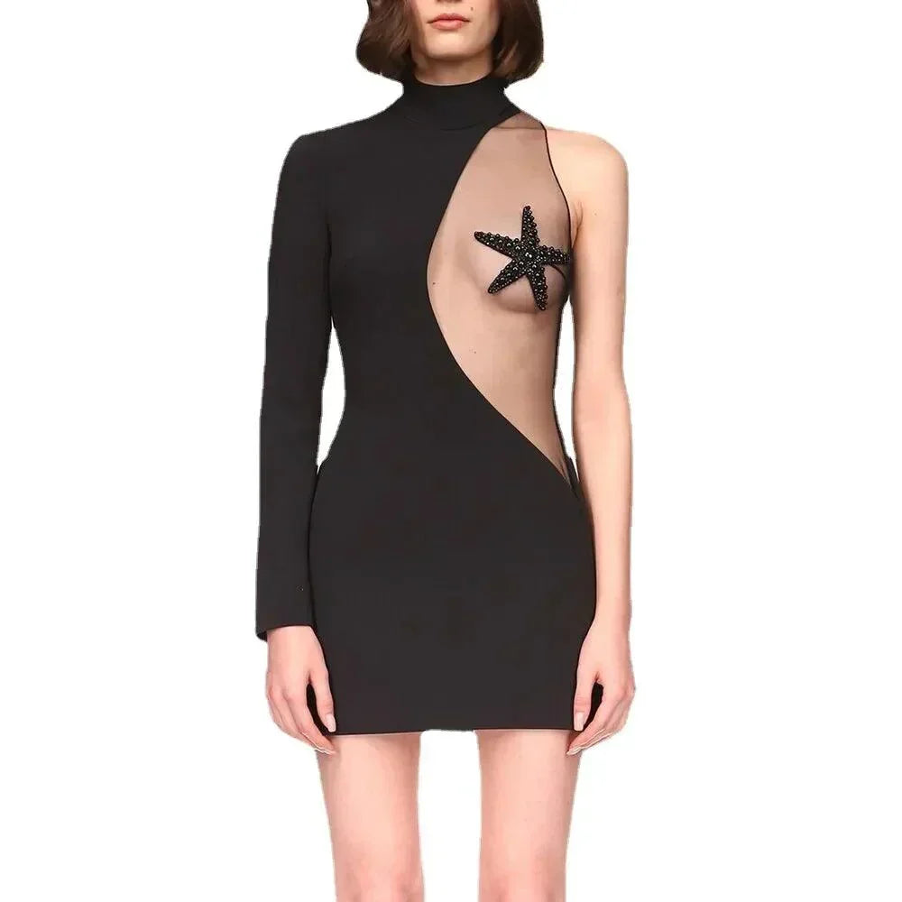 One Shoulder Long Sleeve Starfish Mesh Panel Bodycon Mini Dress - View 11