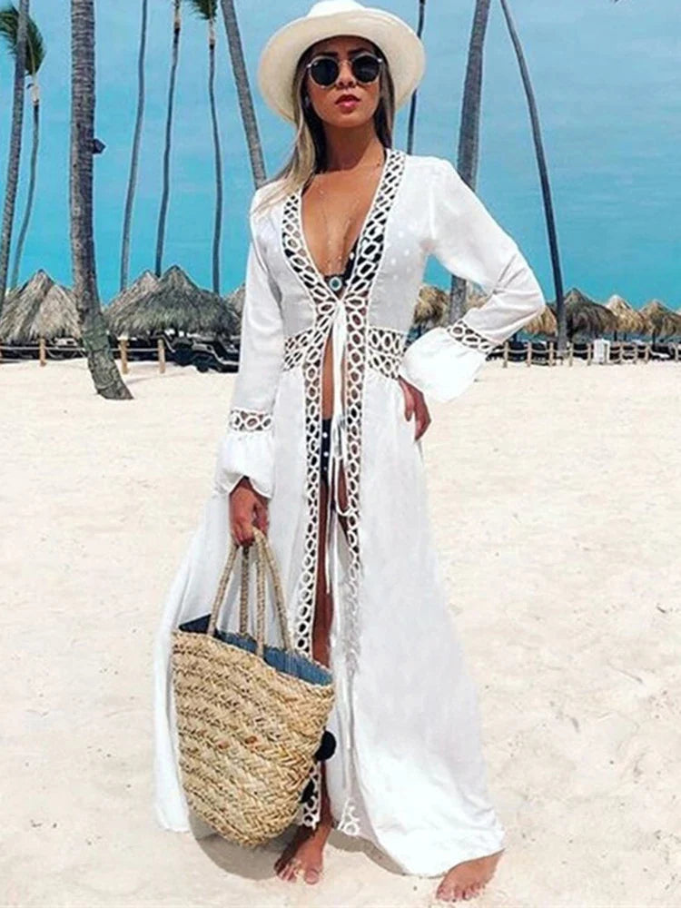 Deep V-Neck Hollow Out Bikini Cover Up