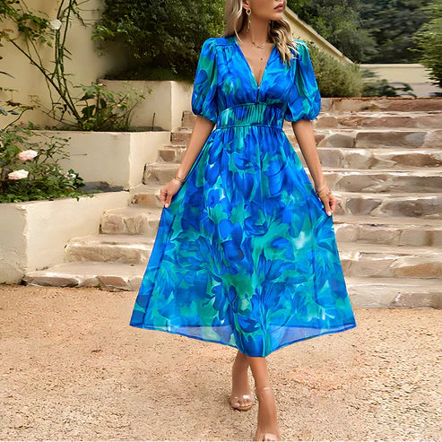 Floral Print V-Neck Puff Sleeve Ruched Waist A-Line Midi Dress