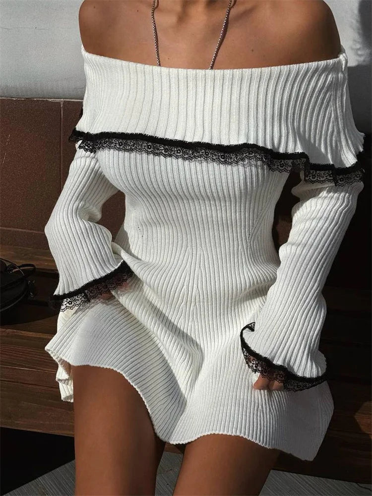 Off Shoulder Ribbed Knit Lace Backless Sweater Mini Dress