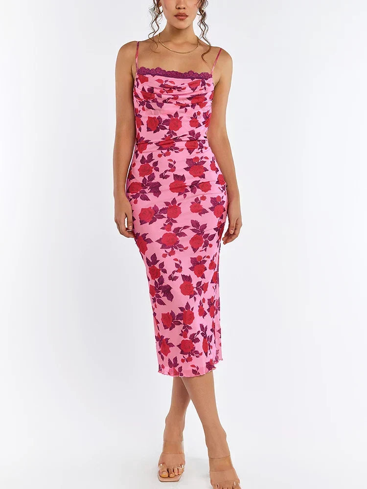 Floral Lace Trim Cowl Neck Strappy Bodycon Midi Dress