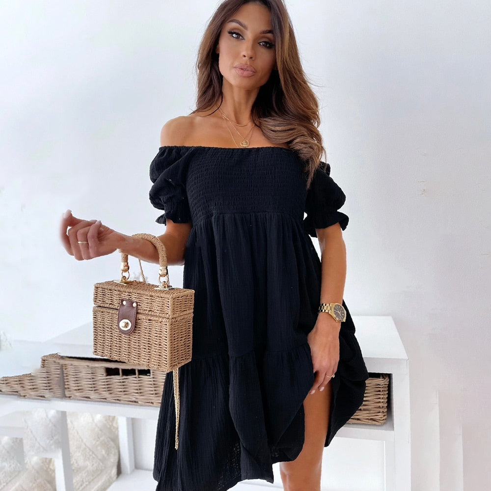 Off Shoulder Smocked Puff Sleeve Tiered Babydoll Mini Dress - View 5