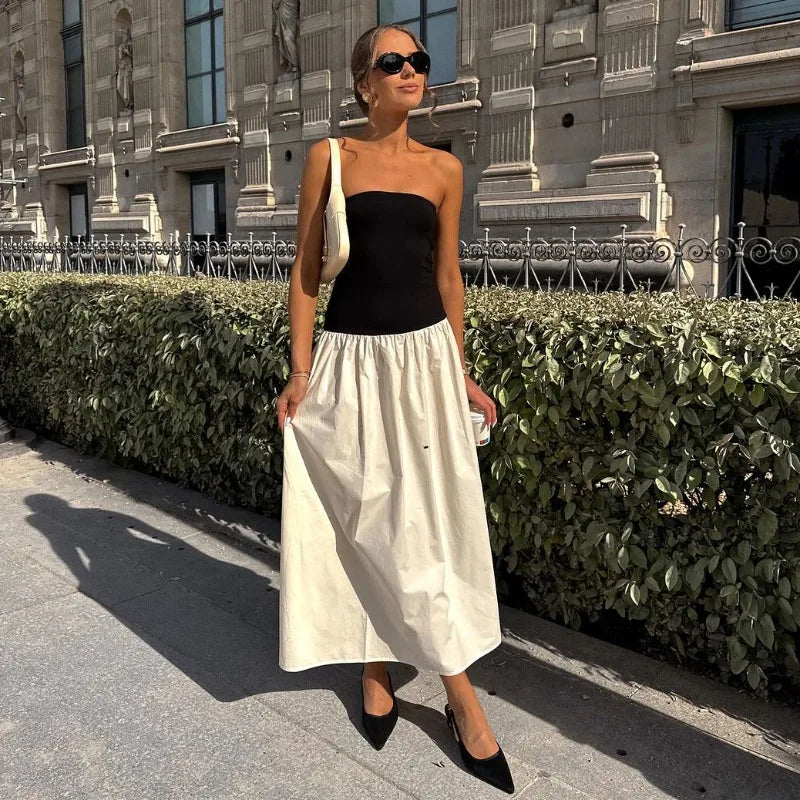 Colorblock Strapless Drop-Waist A-Line Midi Dress