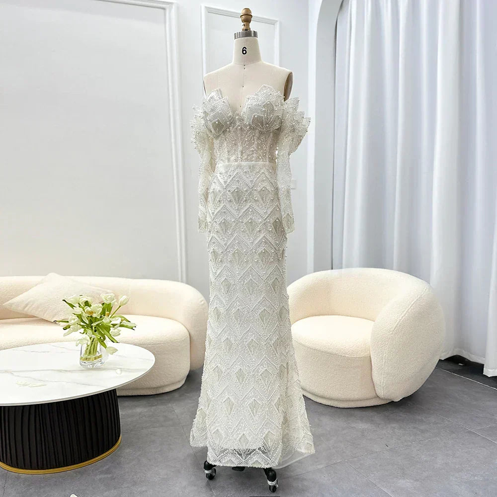 Beaded Off Shoulder Long Sleeve Mermaid Maxi Gown - View 11