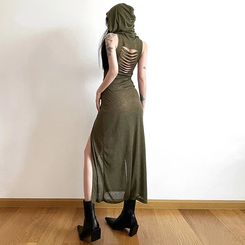 Hollow Back Slit Hooded Midi Dress