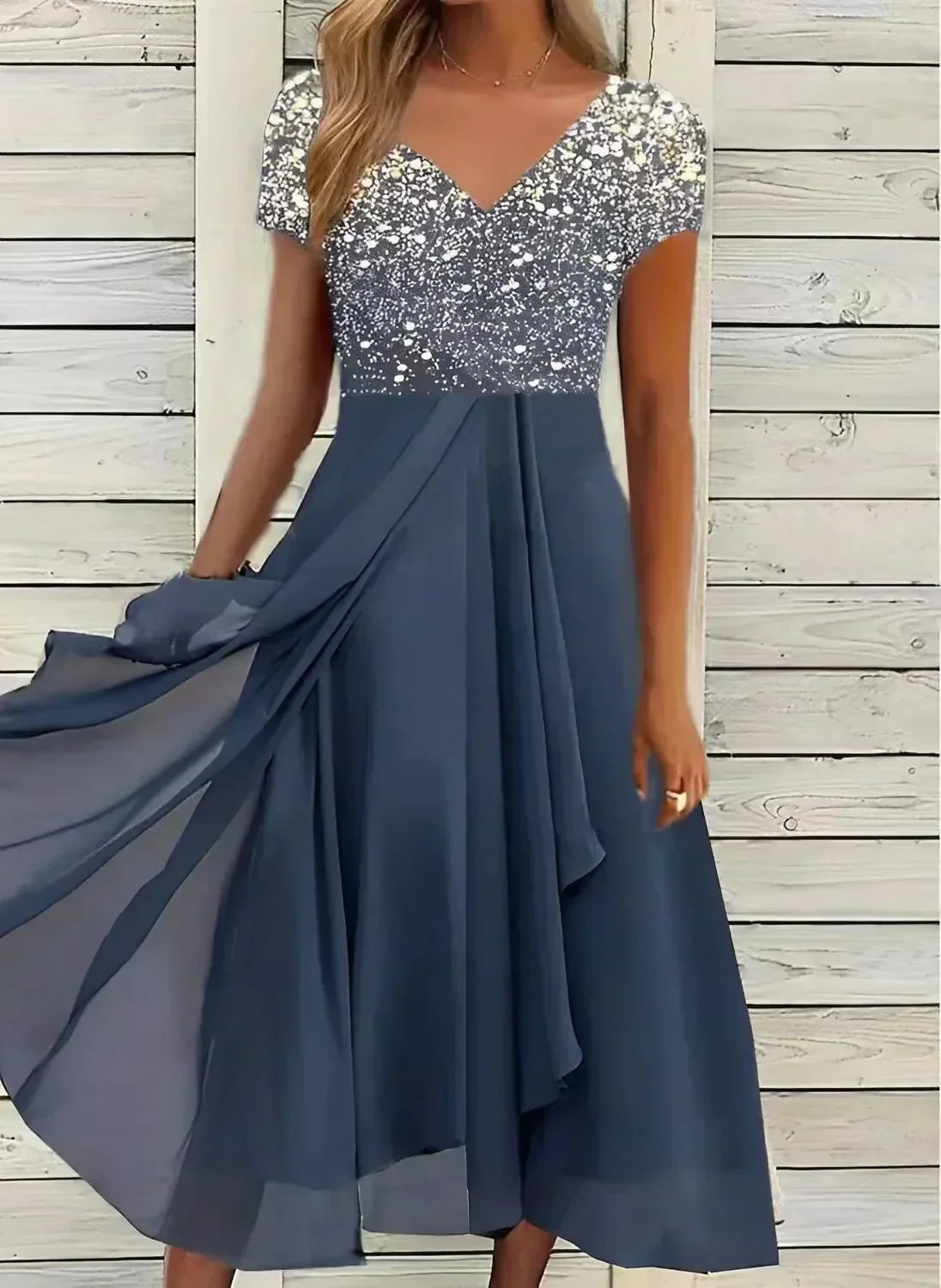 V-Neck Cap Sleeve Tiered Chiffon Handkerchief Hem Maxi Dress - View 5