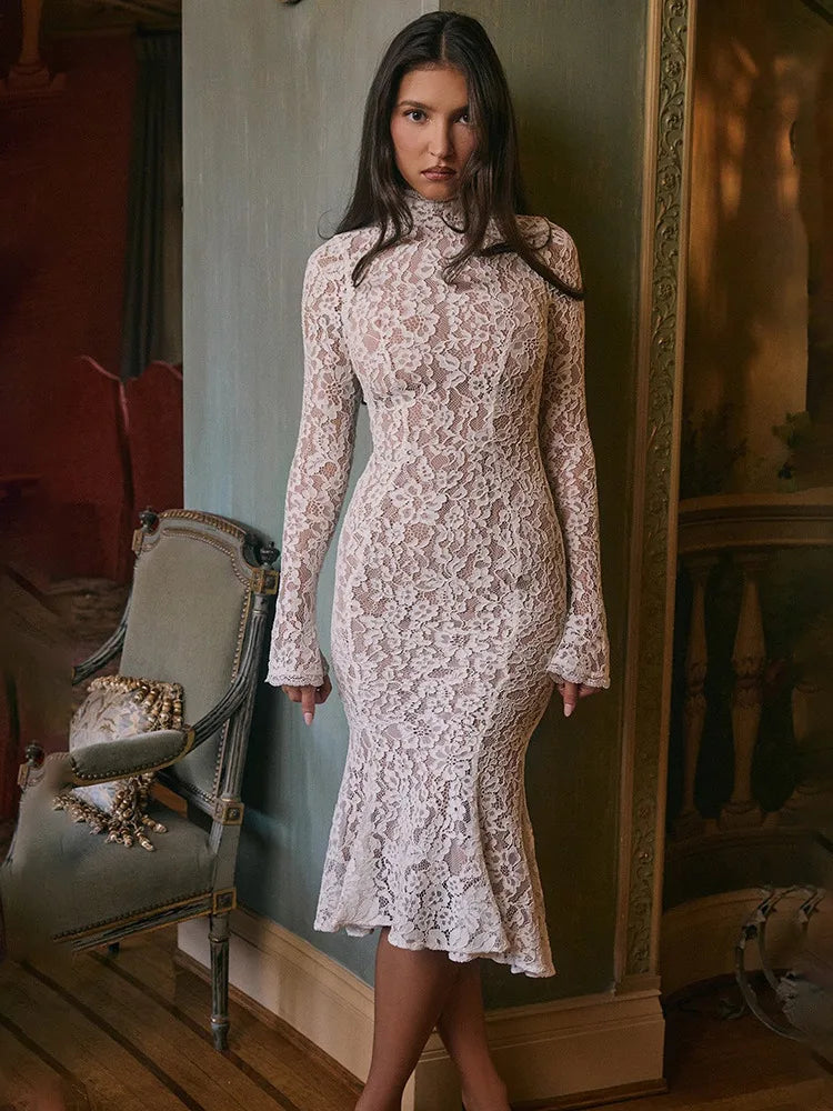 Floral Lace Mock Neck Long Sleeve Scalloped Cuff Bodycon Gown - View 2