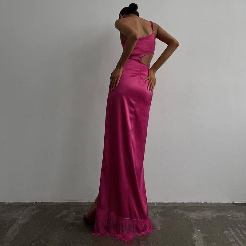 Satin Square Neck Cutout Fringe-Hem Slit Maxi Dress 10