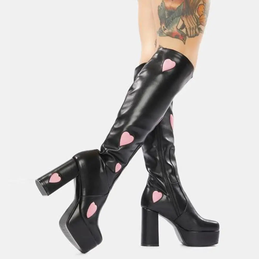Sweetheart Love Heart Print Dark Block Boot
