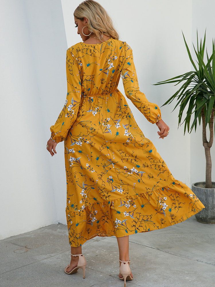 Floral Long Sleeve Round Neck Tiered Midi Dress 5