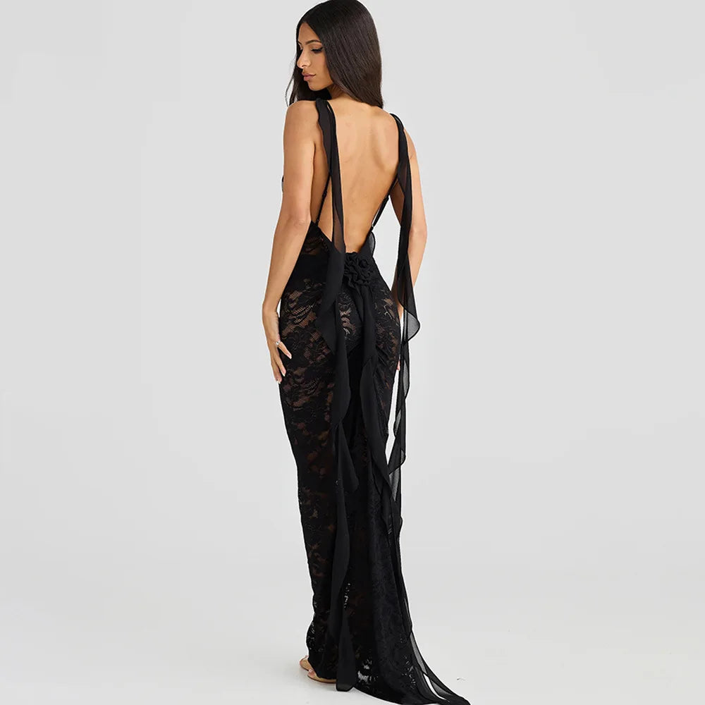 Lace Patchwork Backless Trailing Long Dress - View 15