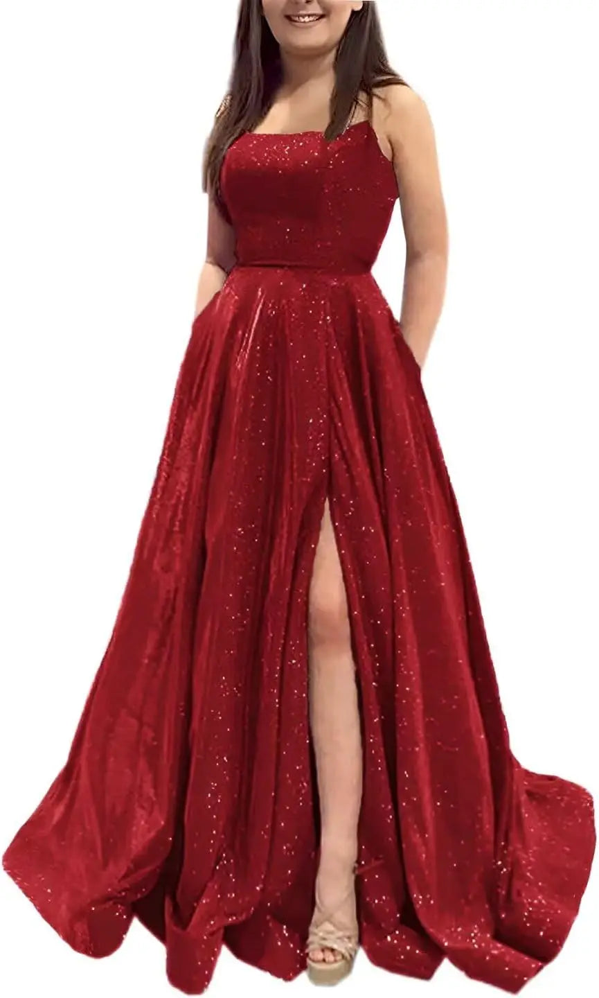 Elegant A-Line Formal Evening Gown with Pockets and Glitter - Fashionpara