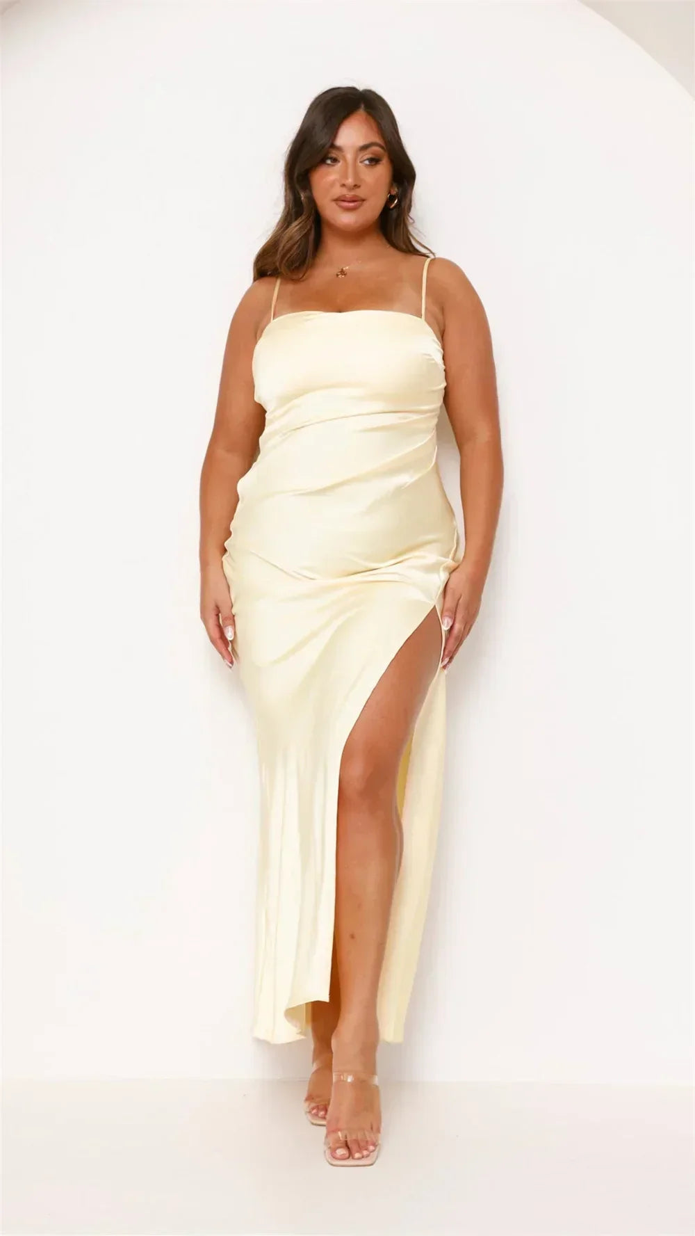 Spaghetti Strap Square Neck Ruched High Split Slip Maxi Dress - View 3