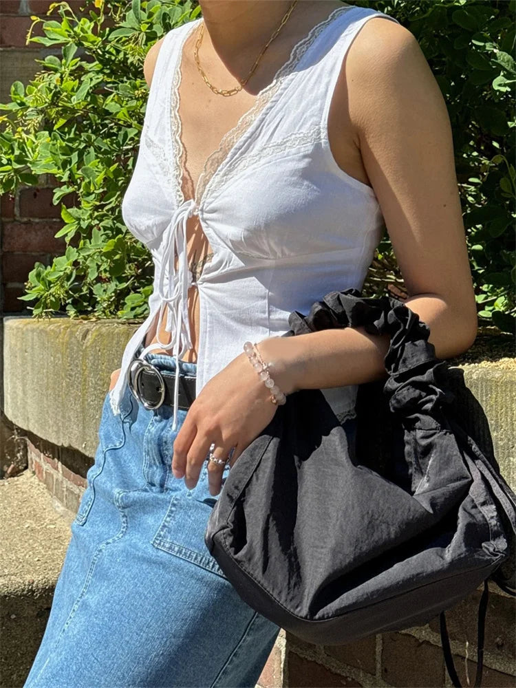 Vintage Lace Patchwork Bow Tie-up Crop Top