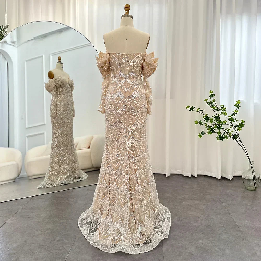 Beaded Off Shoulder Long Sleeve Mermaid Maxi Gown - View 4