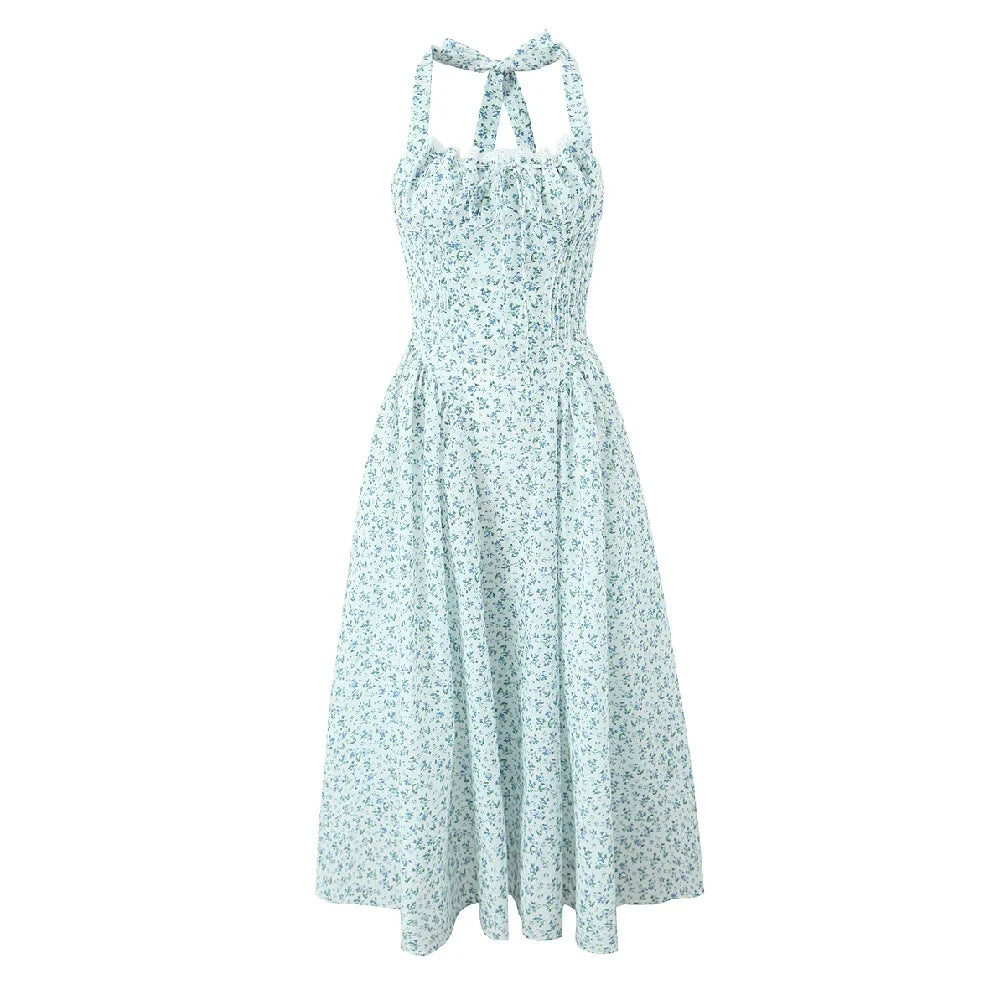 Floral Halter Neck Bow Fit and Flare Midi Dress - View 3