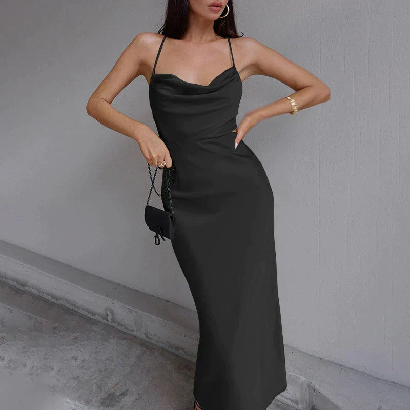Satin Cowl Neck Spaghetti Strap Cut Out Bodycon Maxi Dress