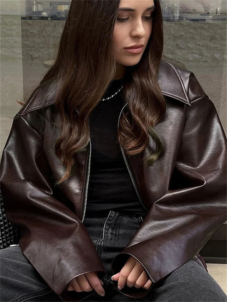PU Patchwork Slim Zipper Coat