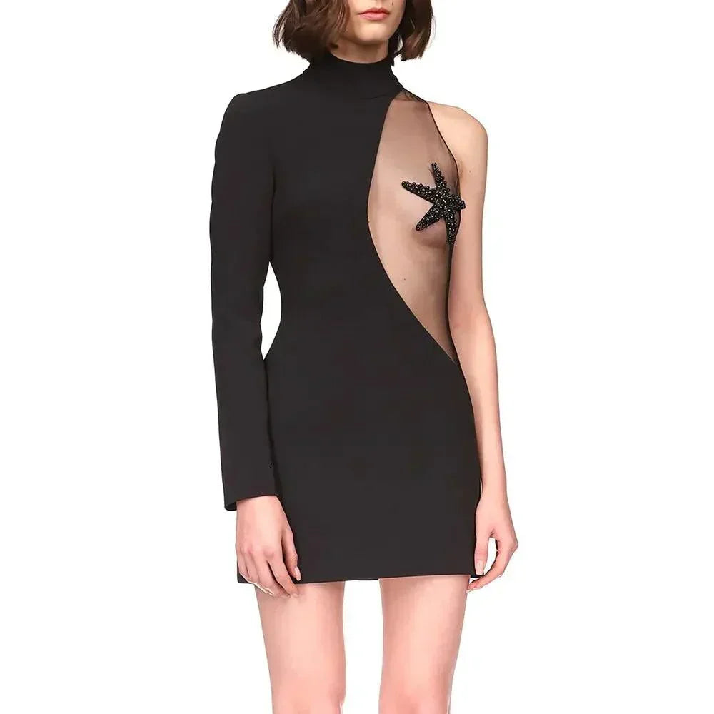 One Shoulder Long Sleeve Starfish Mesh Panel Bodycon Mini Dress - View 13