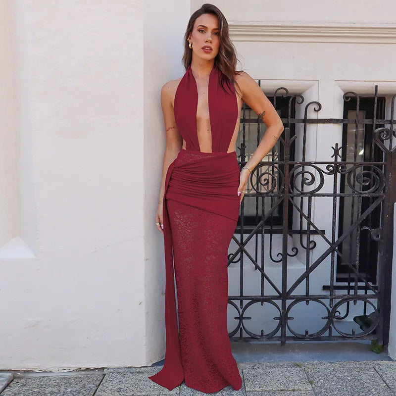 Halter Deep V Neck Lace Sleeveless Long Dress - View 15