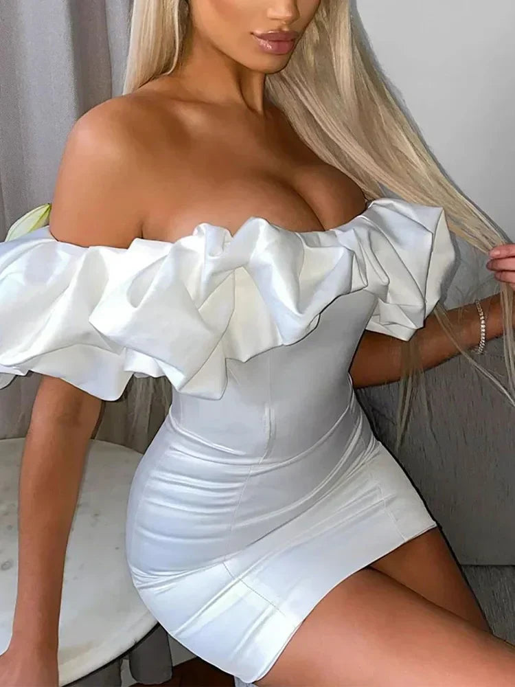 Off Shoulder Ruffle Puff Band Strapless Bodycon Mini Dress - View 4