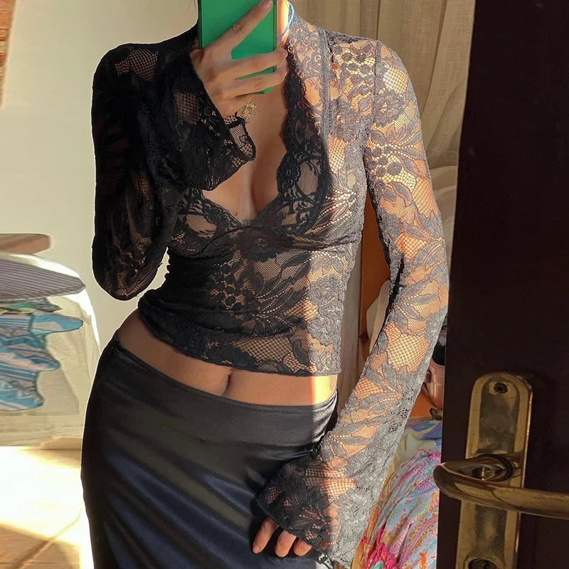 Y2k Lace See Through Sheer Top