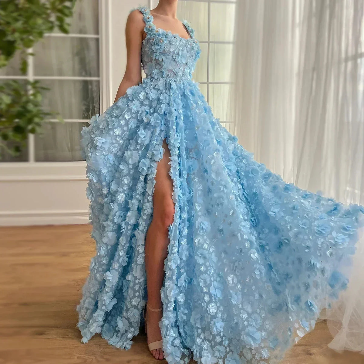 3D Floral Applique Square Neck High Split Tulle A-Line Gown