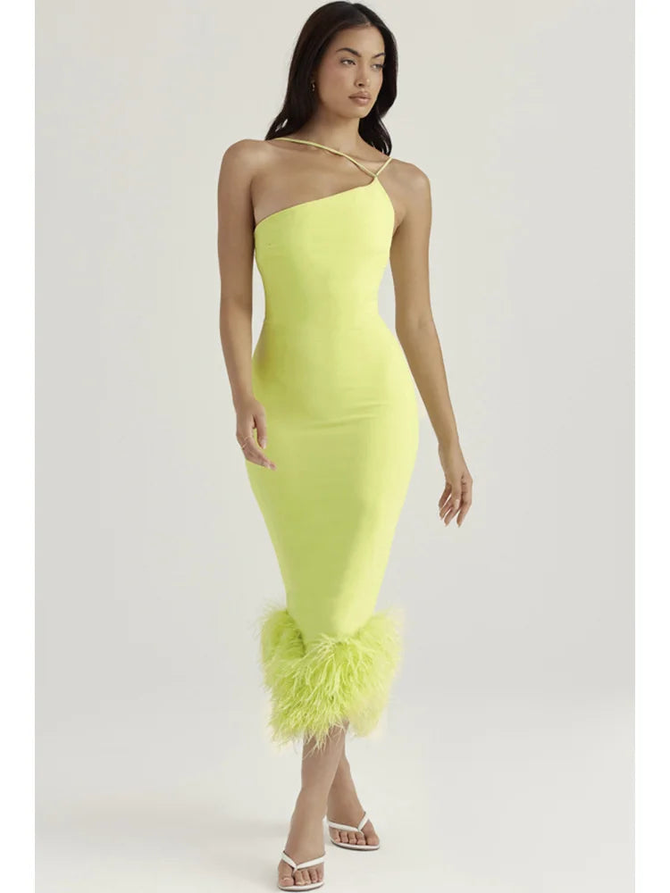 Elegant Spaghetti Strap Feather Midi Dress - View 4
