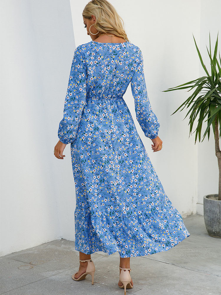 Floral Long Sleeve Round Neck Tiered Midi Dress 10