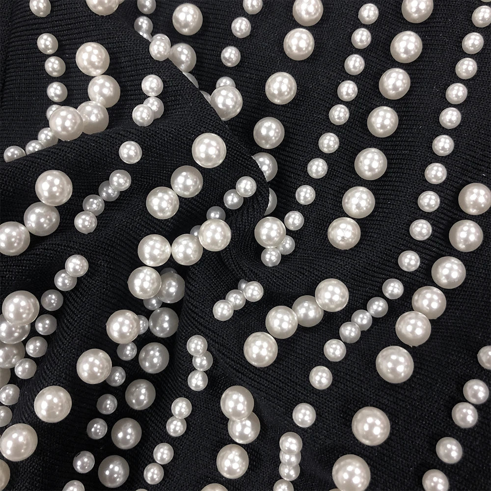 Sexy Black Luxury Pearls Tassels Bodycon Strapless Prom Bandage Dress Sexy Celebrity Evening Runway Cocktail Party Dress