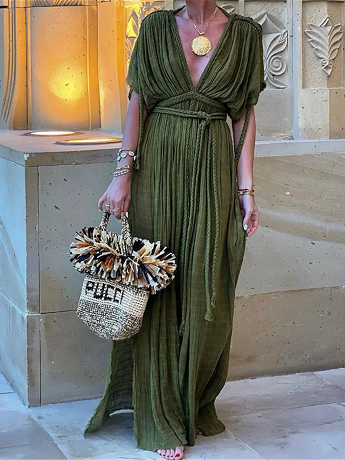 Braided Rope Trim One Shoulder Belted High Split Maxi Dress - View 12