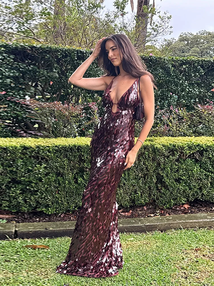 Sequin Deep V-Neck Spaghetti Strap Cut Out Slip Maxi Dress - View 2