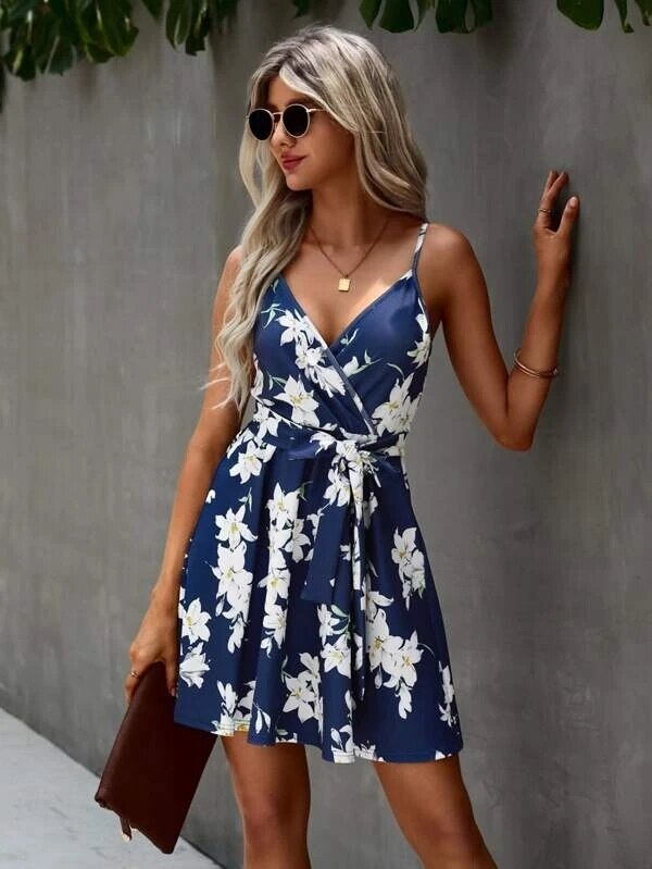 Floral V-Neck Wrap Belted Fit and Flare Mini Dress