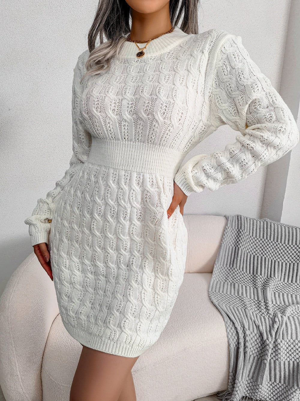 ShoptheCIC Casual O Neck Twist Waist Sweater Dress