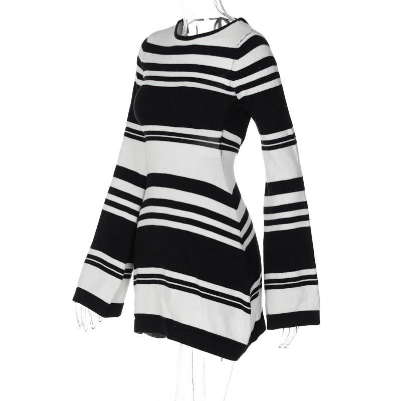 Striped Long Sleeve Backless Knit Mini Dress