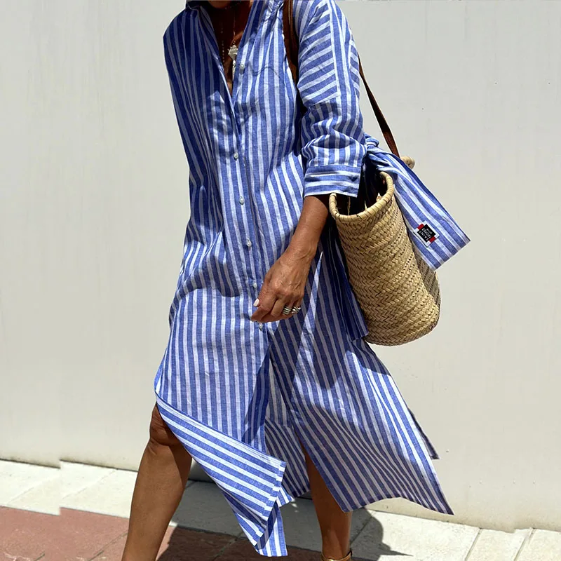 Collared Button Front Long Sleeve Striped Shirt Dress 3