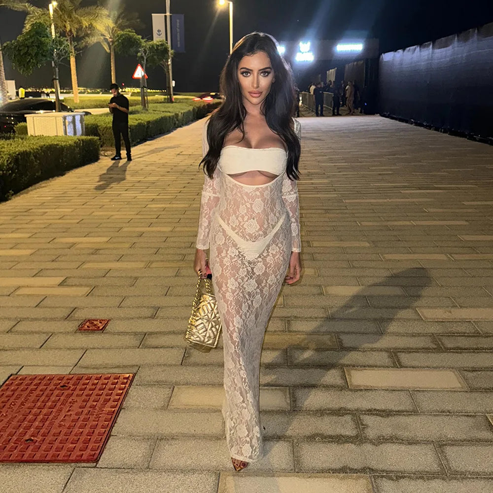Perspective Lace Hollow Out Bodycon Maxi Dress - View 21