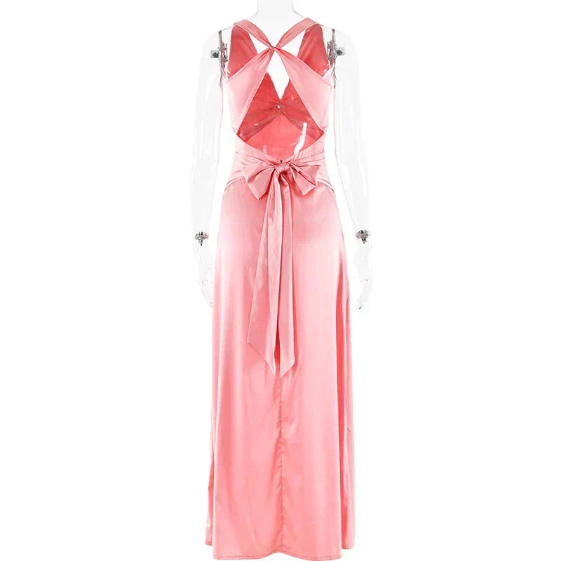 V Neck Sleeveless Satin Bow Backless Maxi Dress - View 9